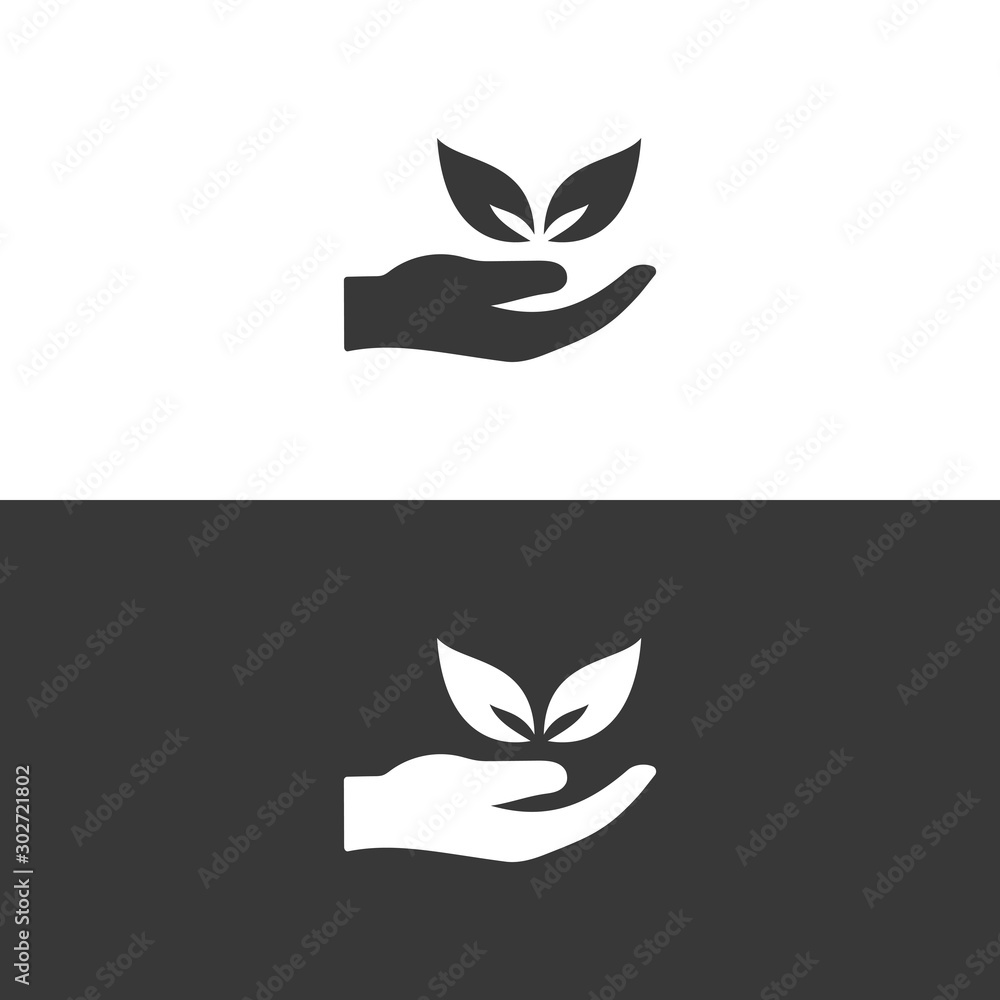 Hand and leaves. Flat icon. Ecology, pharmacy and nature vector illustration