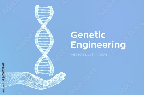 DNA sequence in hand. Wireframe DNA molecules structure mesh. DNA code editable template. Science and Technology concept. Vector illustration.