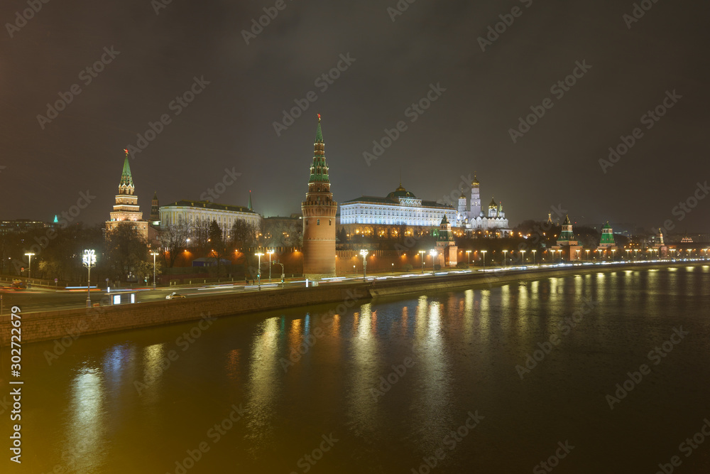 Photography of Moscow Kremlin at the autumn night. Long exposure image. Kremlin Towers, Residence of the President of the Russian Federation,  Ivan the Great Belltower
