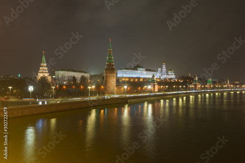 Photography of Moscow Kremlin at the autumn night. Long exposure image. Kremlin Towers, Residence of the President of the Russian Federation, Ivan the Great Belltower