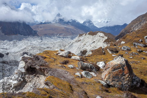 The Ngozumpa glacier next to Gokyo on the three passes trek, himalaya, Nepal