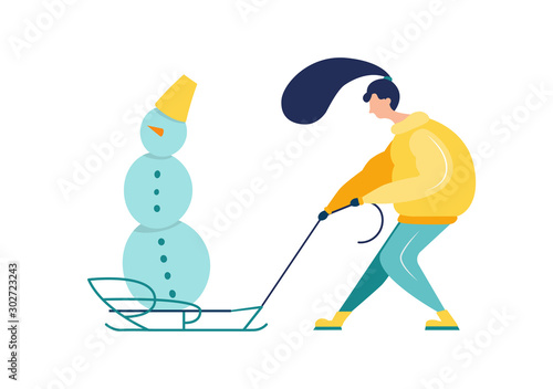 Girl in hat and warm clothes makes a snowman and lugs him on sled. Flat illustration isolated character on white background. Walking Outdoors