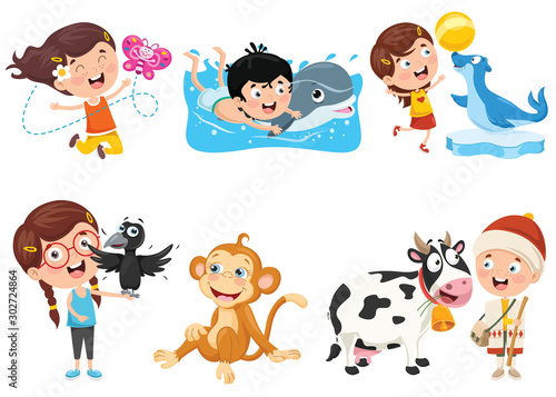 Canvas Print Children Playing With Funny Animals