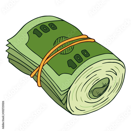 Money icon. Vector illustration of dollar bills rolled into a roll and tied with a rubber band. Hand drawn a stack of bills.