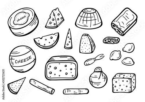 Various Types of Cheese. Cheese Pieces and Slices Doodle Sketch Vector Set 