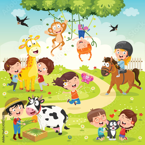 Children Playing With Funny Animals