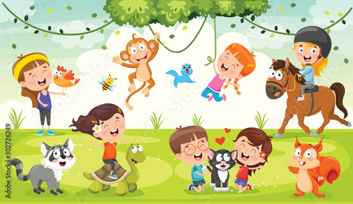 Canvas Print Children Playing With Funny Animals