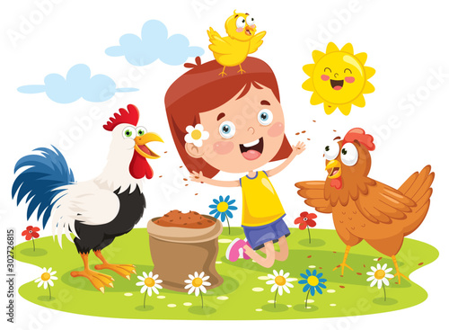 Little Girl Feeding Rooster, Chicken And Chick