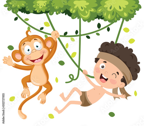 Happy Kid Swinging With Monkey In Jungle photo