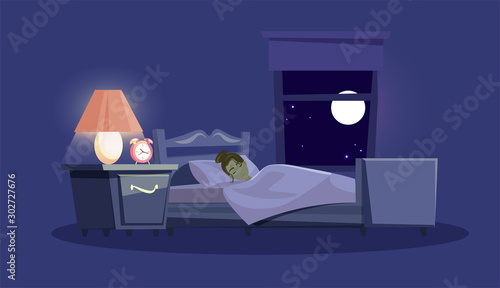 Woman sleeping in bed flat vector illustration. Bedroom interior design on blue background. Young girl lying in bed cartoon characters. Nap time. Apartment decor, room furnishing with window at night.