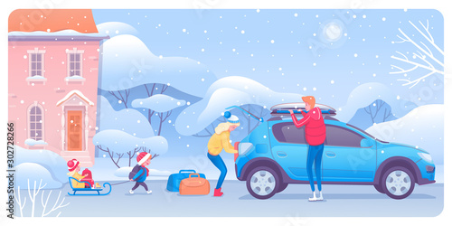 Family on winter trip flat vector illustration