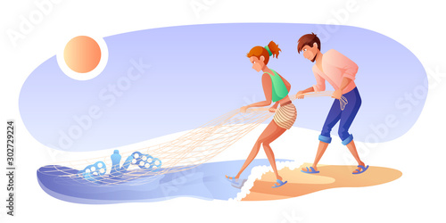 Ocean cleaning flat vector illustration