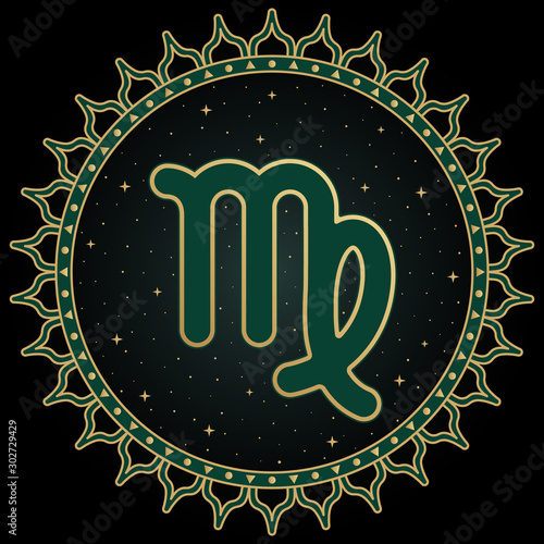 Zodiac virgo symbol in mandala ornament. Ethnic horoscope and zodiacal sign