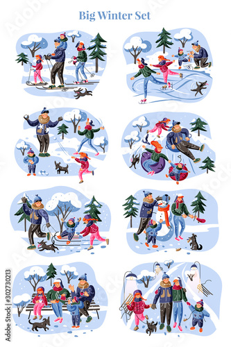 Family winter fun leisure flat illustrations set