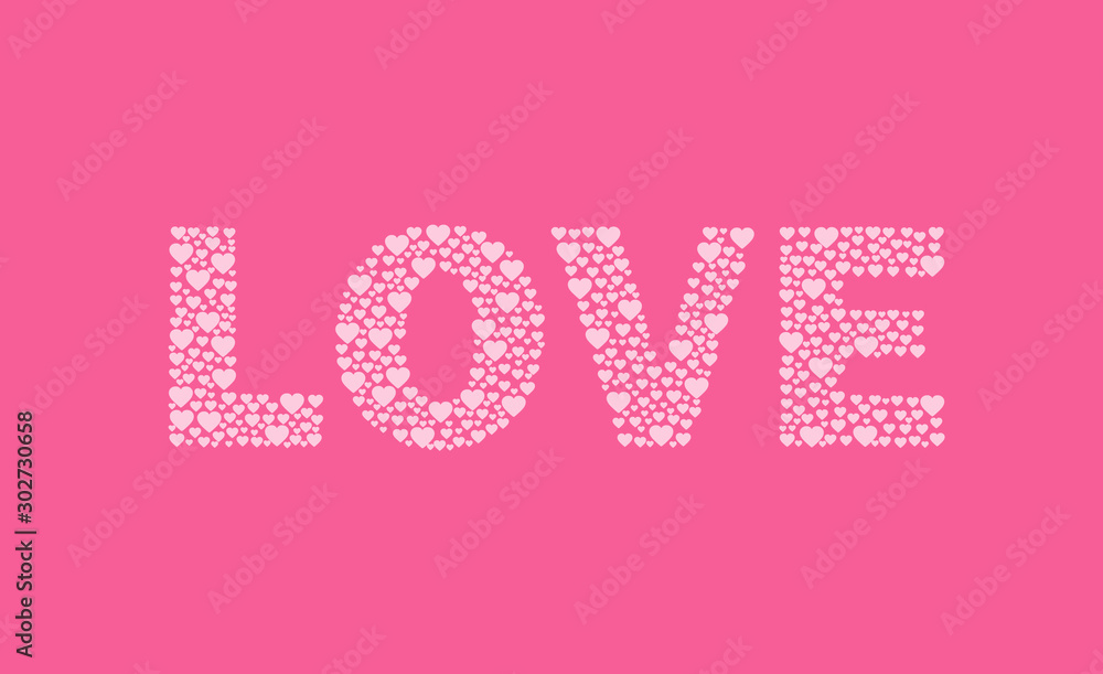 The word love in large letters on a pink background. White hearts. Valentine's day. Day of lovers. Postcard for congratulations on the holiday. Declaration of love.