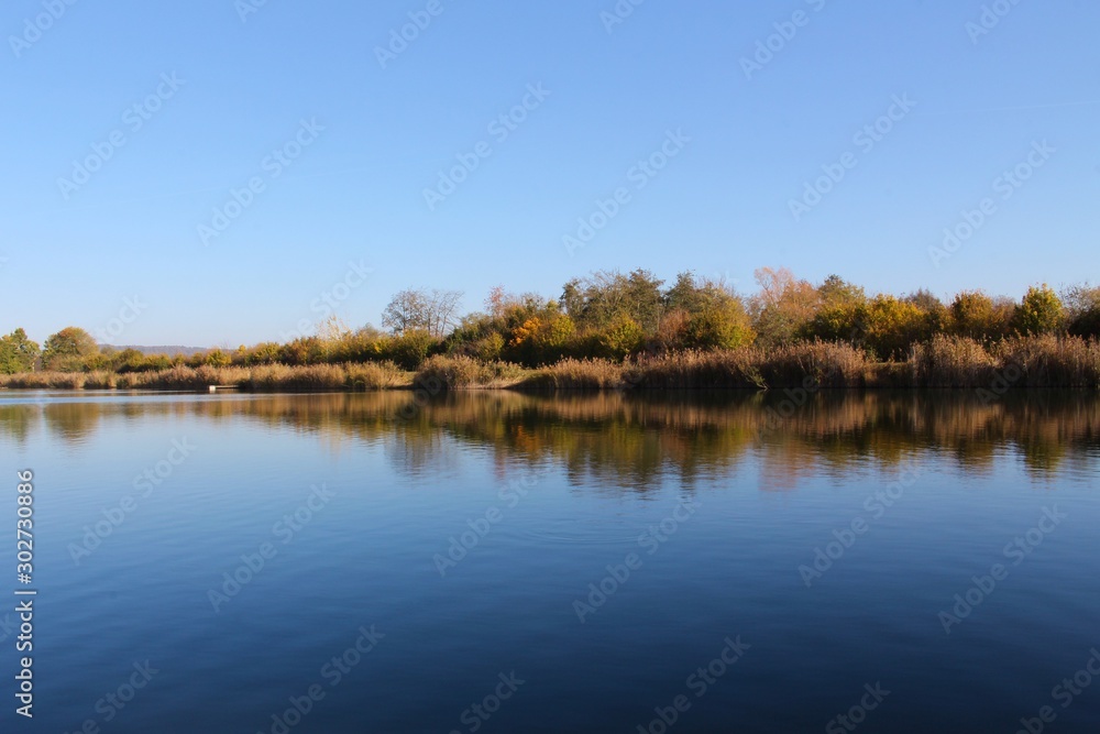 Lake shoreline reflecting symmetric in the water