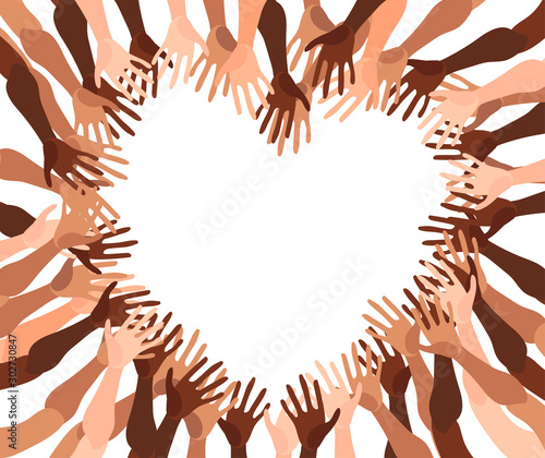 Illustration of a group of people's hands with different skin color together. Diverse crowd, race equality, communication vector art in minimal flat style.