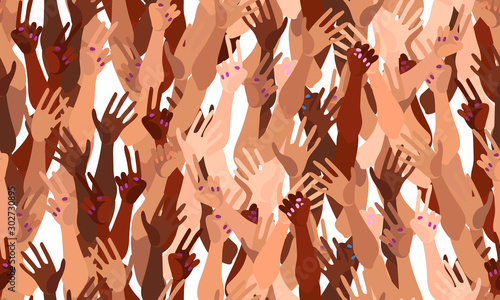 Illustration of a group of people's hands with different skin color together. Diverse crowd, race equality, communication vector art in minimal flat style. Seamless tile pattern.