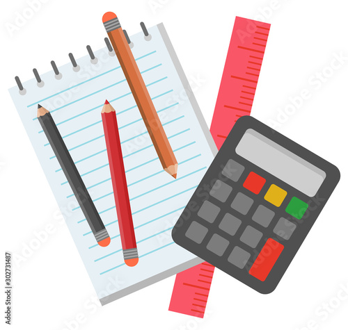 School supplies for pupils and students to study mathematics vector. Children have calculator to count and ruler to draw lines, notebook and pencils to write notes. Back to school concept. Flat