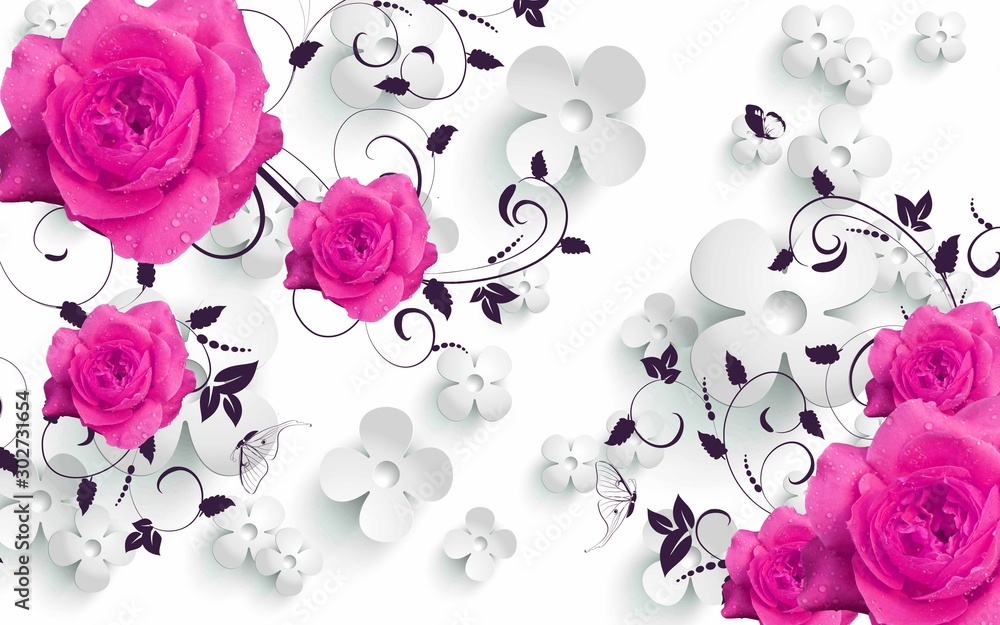 3d mural Flowers background with Circles wallpaper for walls . with pink flowers and gray silver background  - obrazy, fototapety, plakaty 