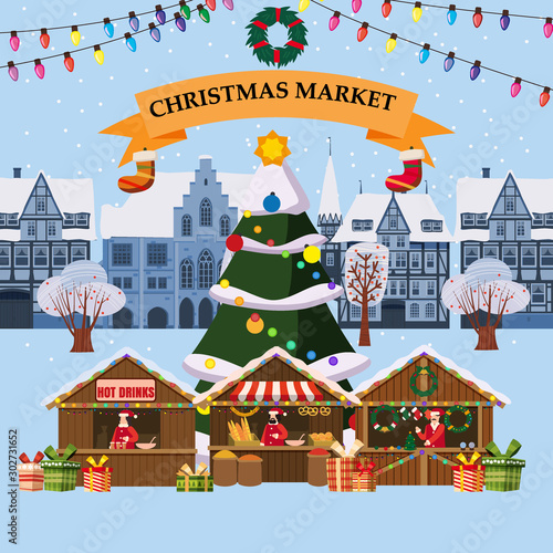 Christmas village, winter town, souvenirs market stall with decorations souvenirs and bakery