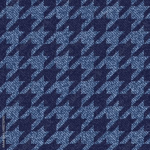 Jeans background with Houndstooth Tartan geometric print fashion design. Denim Seamless Vector Pattern Tile. Blue jeans cloth Dog tooth Check Fabric Texture. English background Glen plaid Pattern