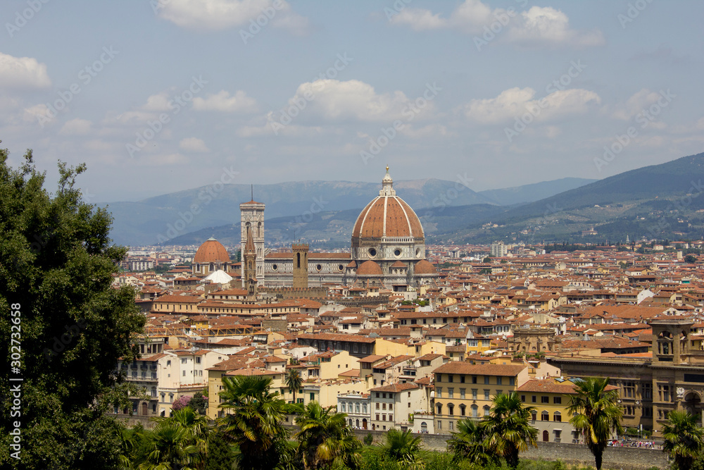 A panoramic view of the rooftops of Florence showing the great dome of the Cathedral or Duomo 