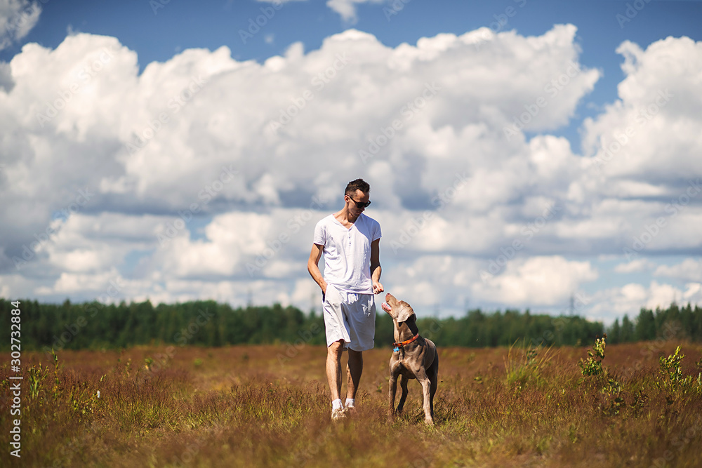 Man walking with dog in rural field
