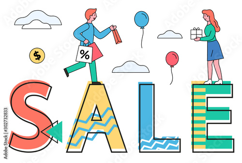 Sale for shoppers vector, proposition for clients. Man and woman holding paper bags, people returning from shops. Balloon flying near text sale, female with present in hands line flat style