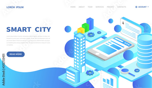 Mobile phone and Smart Digital Virtual City and Intelligent buildings concept. Magnifying glass and Data Analysis. Landing page template. Can use for web and banner. 3d vector isometric illustration.