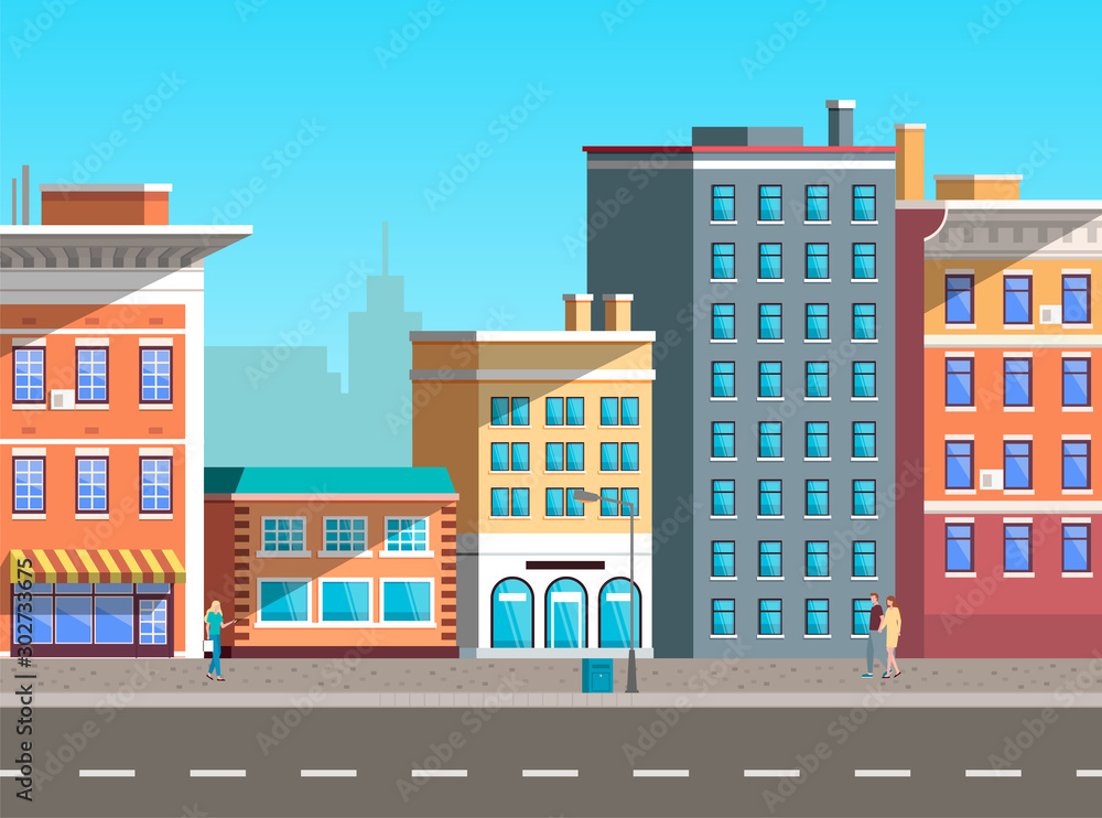 City street vector, empty town with old houses and buildings with fancy rooftops. Urban area residential constructions, skyscrapers decor. Cityscape with houses facades. Flat cartoon