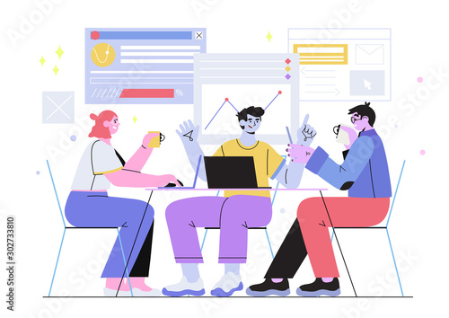 Vector illustration of a business team or managers on a meeting discussing with colleagues a presentation or working on a new startup project in office. Concept of brainstorming or teamwork. Our team.