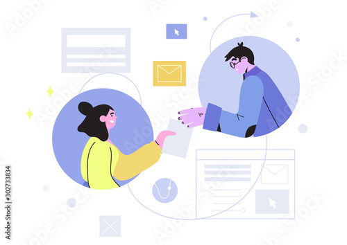 Vector illustration of two people talking and holding documents. Online support or support service concept. Team mates exchange data, information, discuss project. Workflow or team work illsutration.