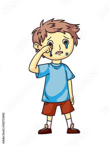 Boy kid crying after quarrel flat cartoon. Sad, offended children. Childhood. Emotions and expressions. Vector illustration.