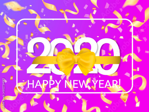 Golden bow knotted on a 2020 date. Vector illustration for poster