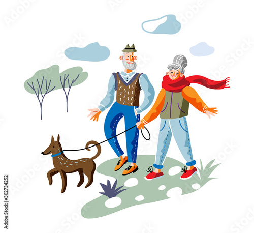 Elderly couple on stroll flat vector illustration. Old man and woman, husband and wife cartoon character. Aged pair on outdoor walk with dog in park. Fresh air recreation, happy retirement concept.