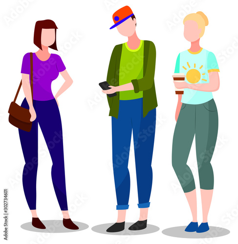 Boy using smartphone to chat in messenger vector. Isolated people girl drinking coffee from cup. Friendship of personage. Youth classmates preparing for exams in school flat style illustration