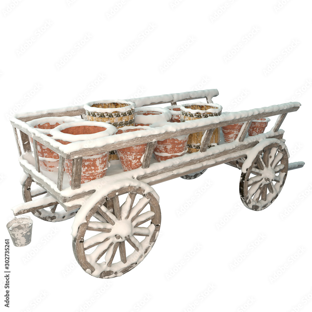 Wooden cart with snow covered pots