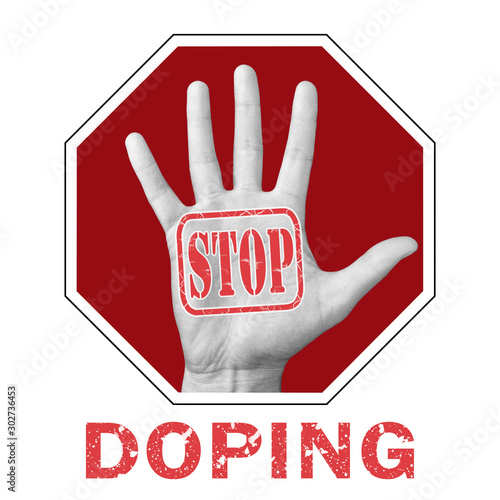 Stop doping conceptual illustration. Open hand with the text stop doping