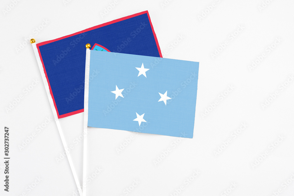 Micronesia and Guam stick flags on white background. High quality fabric, miniature national flag. Peaceful global concept.White floor for copy space. Micronesia and Guam stick flags on white background. High quality fabric, miniature national flag. Peaceful global concept.White floor for copy space.