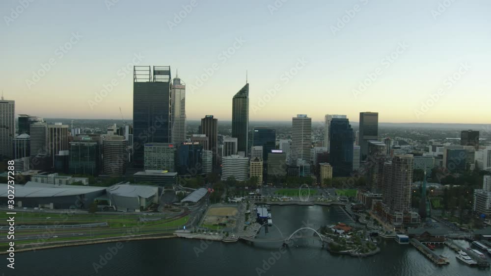 Aerial waterfront view Perth city skyscrapers at sunset Aerial waterfront view Perth city skyscrapers at sunset