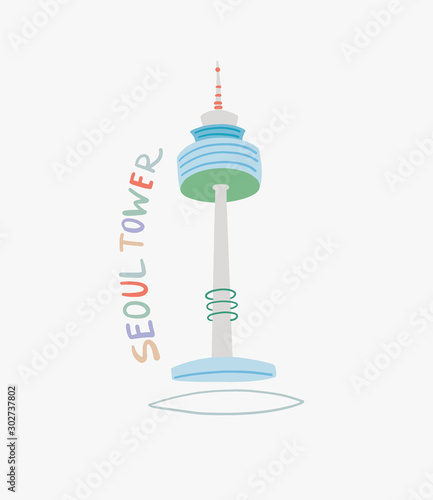 Photography doodle flat illustration of Seoul Tower - famous place in Korea
