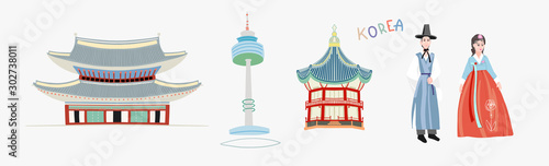set of doodle flat vector illustration of pagoda in Gyeongbokgung Palace, Seoul Tower, couple in traditional korean dresses