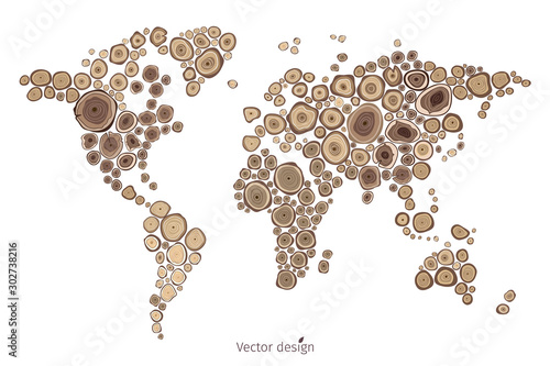 World map carving on brown wood on a white background, cross section of the tree.