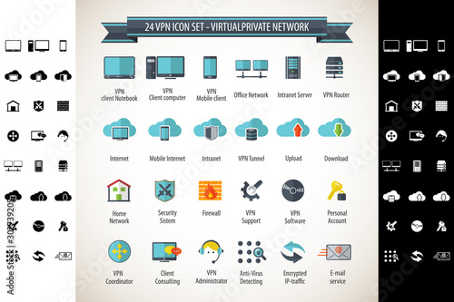 Virtual Private Network vector icons set. 24 VPN editable vector icons for video, mobile apps, Web sites and print projects