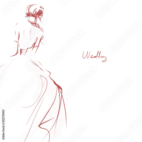 Bride in beautiful wedding dress, rear view. Hand drawn illustration, vector