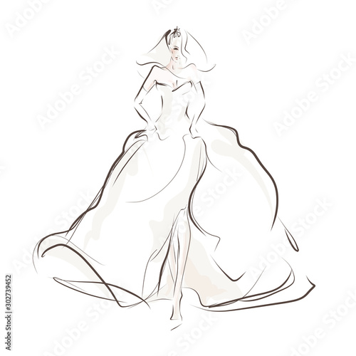 Beautiful bride in wedding dress. Hand drawn illustration, vector