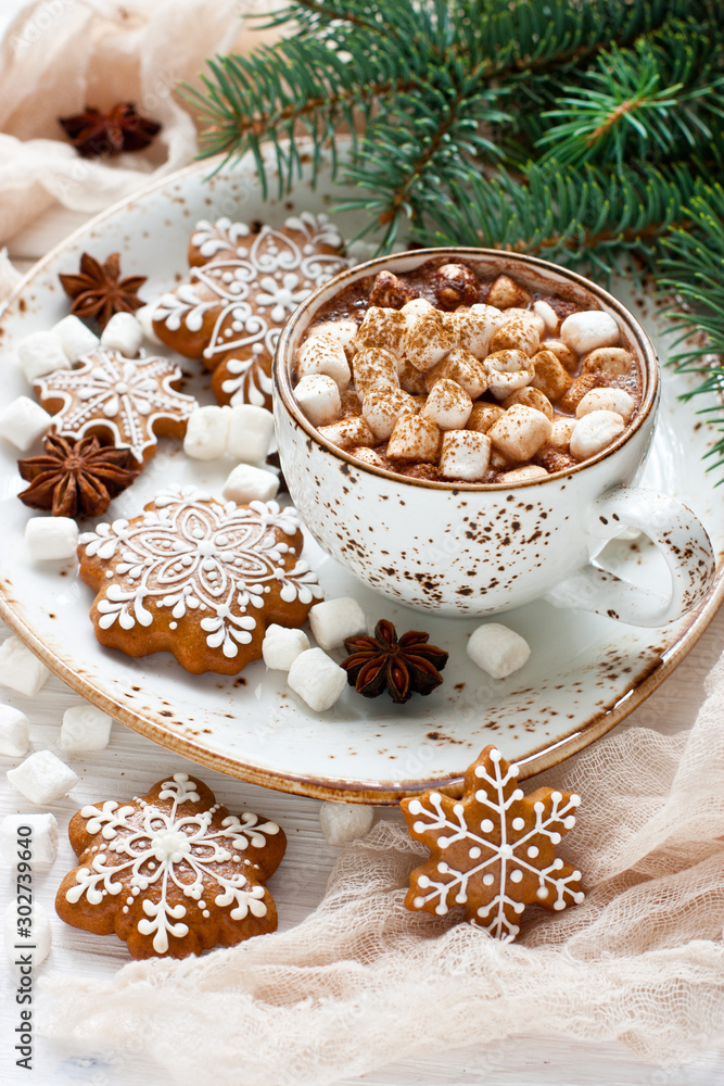 Fototapeta premium Christmas time composition with cookies and hot chocolate