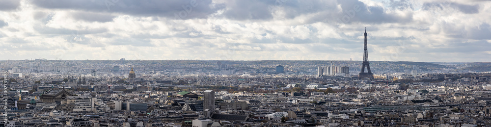 Panorama of Paris with visible Eiffel Tower