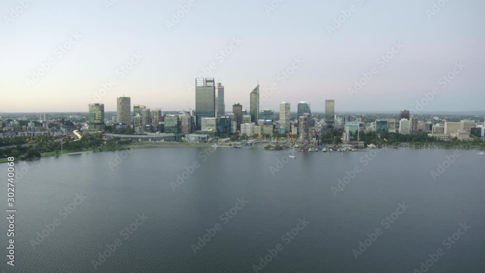 Aerial sunset view Perth city skyscrapers Swan River Aerial sunset view Perth city skyscrapers Swan River
